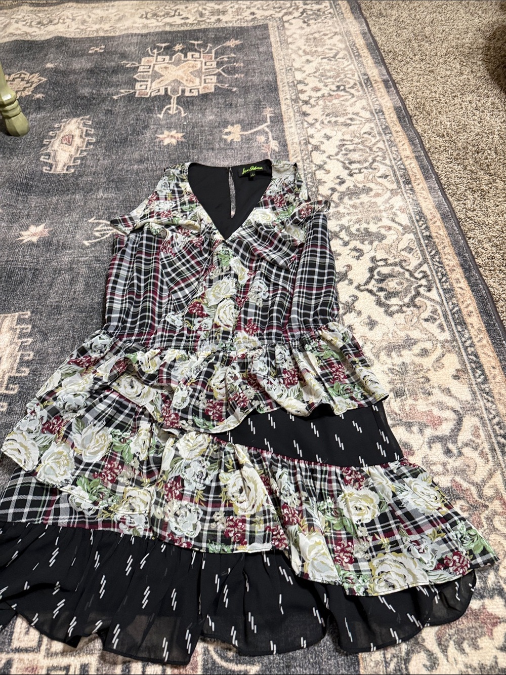 Sam Edelman Black Floral Plaid Tiered Midi Dress